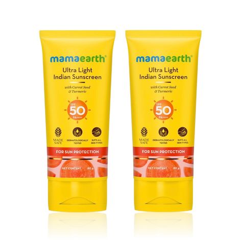 Buy Mamaearth Ultra Light Indian Sunscreen with Carrot Seed Turmeric and SPF 50 PA+++ for Sun Protection - 80 g - Pack of 2-Purplle