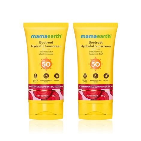 Buy Mamaearth Beetroot Hydraful Sunscreen With Hyaluronic Acid|SPF 50 & PA++++ | UVA & B Protection | Hydrates Skin | For Oily Combination & Dry Skin | No white cast - 50 gm - Pack of 2-Purplle