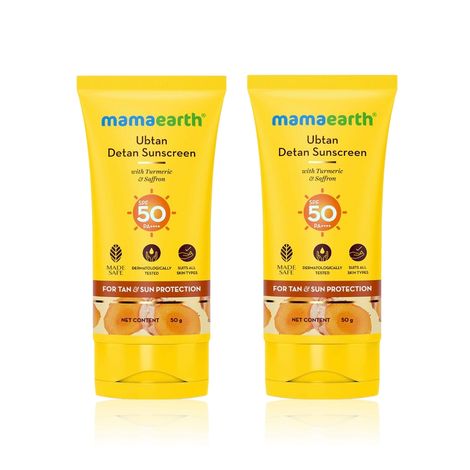 Buy Mamaearth Ubtan Detan Sunscreen With Turmeric & Saffron - 50 gm | SPF 50 & PA++++ For UVA/B Protection | Removes Tan | Brightens Skin | Non-Greasy & Lightweight | No White Cast | For All Skin Types - Pack of 2-Purplle