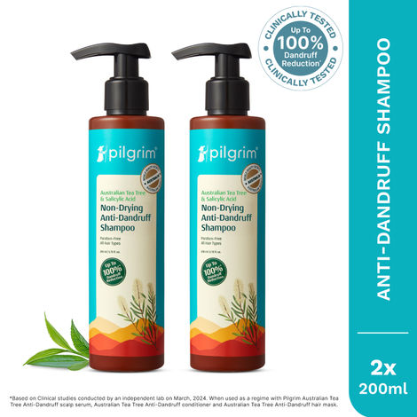 Buy Pilgrim Tea Tree Anti-Dandruff Shampoo with Salicylic Acid -Pack of 2|Up To 100% Dandruff Reduction|Sulphate & Paraben-Free|Itchy Scalp Relief|Hair Fall Control|200 ml Each-Purplle
