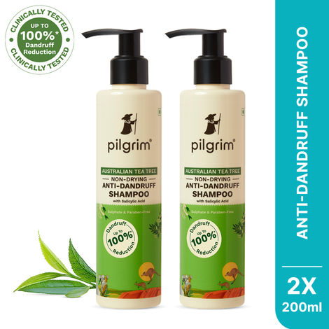 Buy Pilgrim Tea Tree Anti-Dandruff Shampoo with Salicylic Acid -Pack of 2|Up To 100% Dandruff Reduction|Sulphate & Paraben-Free|Itchy Scalp Relief|Hair Fall Control|200 ml Each-Purplle