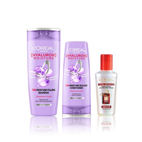 Buy L'Oreal Paris Everyday Hydration and Rejuvenation Hair Care Essentials 1 (Hyaluron Moisture 72H Moisture Shampoo (180 ml), Hyaluron Moisture 72H Moisture Conditioner (180 ml), Total Repair 5 Serum (80 ml))-Purplle