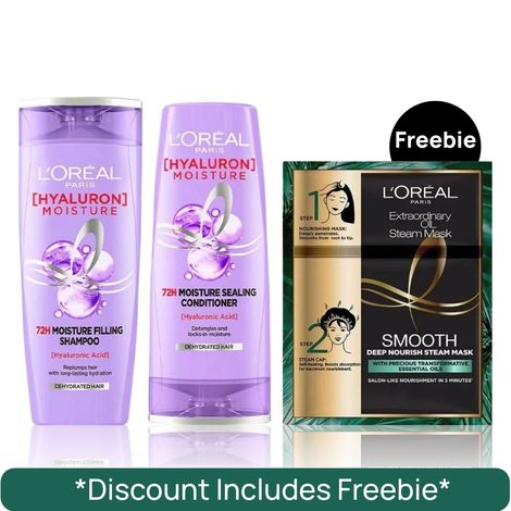Buy L'oreal Paris Spa Retreat Hyaluron Combo (Hyaluron Moisture 72H Moisture Filling Shampoo (180 ml) + Hyaluron Moisture 72H Moisture Sealing Conditioner (180 ml) + Extraordinary Oil Smooth Steam Mask (Paraben Free) 20ml + 40 gm)-Purplle