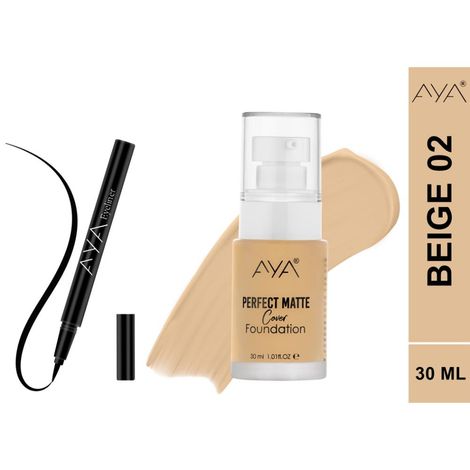 Buy AYA Eye and Face Make up Kit Combo of 2 - Perfect Matte Cover Foundation - 02 Beige(30 ml) + Waterproof Eyeliner Pen, Black (2 ml)-Purplle