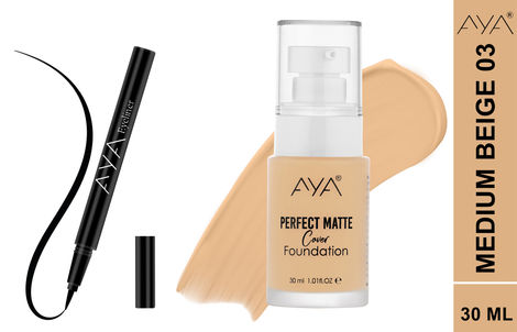 Buy AYA Eye and Face Make up Kit Combo of 2 - Perfect Matte Cover Foundation - 03 Medium Beige(30 ml) + Waterproof Eyeliner Pen, Black (2 ml)-Purplle