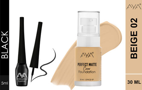 Buy AYA Eye and Face Make up Kit Combo of 2 - Perfect Matte Cover Foundation - 02 Beige(30 ml) + Waterproof Eyeliner, Black (5 ml)-Purplle