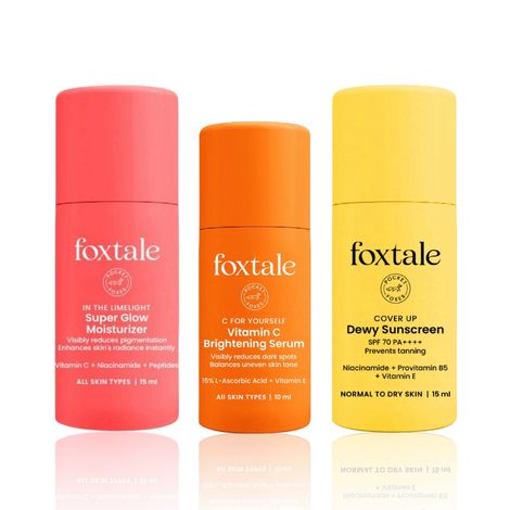 Buy FoxTale Niacinamide Dewy Sunscreen For All Skin Type Spf 70 Pa++++ & Vitamin C Serum 15% L-Ascorbic Acid and 1% Vitamin E Brightening Serum & In The Limelight Super Glow Moisturizer ( 15 Ml+ 10ml +15ml)-Purplle