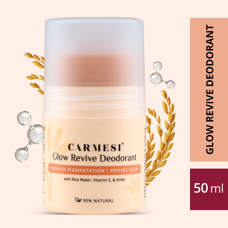 Buy Carmesi Glow Revive Underarm Roll On Deodorant for Women | Brightens Skin, Reduces Pigmentation, Controls Odour | Rice Water, Vitamin E, & AHAs | 90% Natural | No Alcohol & Aluminium | 50 ml-Purplle