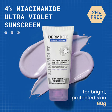 Buy DERMDOC SPF 50 4% Niacinamide Ultra Violet Brightening Sunscreen (60 gm) | PA+++ | Sunblock I Sunscreen for Oily Skin I UV Protection I Shine Free Formula&nbsp;| 60g for the Price of 50g (20% EXTRA FREE!)-Purplle
