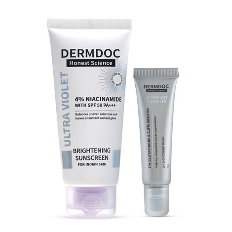 DERMDOC Sun & Smile Kit (Combo of 2) | 4% Niacinamide Ultra Violet Brightening Sunscreen SPF 50 PA+++ (50 gm) | LipBright Treatment 1% Glutathione + 2.5% Arbutin Lip Lightening Balm (10 gm) DERMDOC Sun & Smile Kit (Combo of 2) | 4% Niacinamide Ultra Violet Brightening Sunscreen SPF 50 PA+++ (50 gm) | LipBright Treatment 1% Glutathione + 2.5% Arbutin Lip Lightening Balm (10 gm)