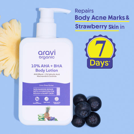 Buy Aravi Organic 10% AHA + 1% BHA Exfoliating Body Lotion For Dry Skin | Strawberry Legs & Bumpy Skin | Brightening with Niacinamide, Ceramide & Shea Butter | 200 ml-Purplle