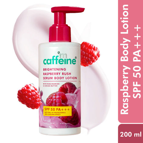Buy mCaffeine Brightening Raspberry Sunscreen Body Lotion SPF50 PA+++ UV Protection with Niacinamide | Lightweight Cooling Body Lotion, Fruity Aroma-200 ml-Purplle