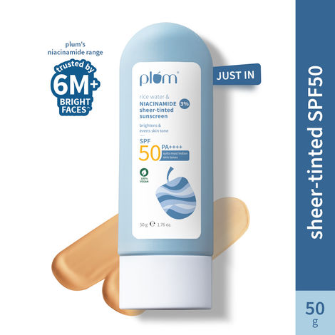 Buy Plum Rice water & 3% niacinamide sheer-tinted sunscreen | Suitable for most Indian skin tones | SPF 50 PA++++| Sheer finish | Non-oily | Women | Fragrance-free | 100% vegan | 50 gm-Purplle