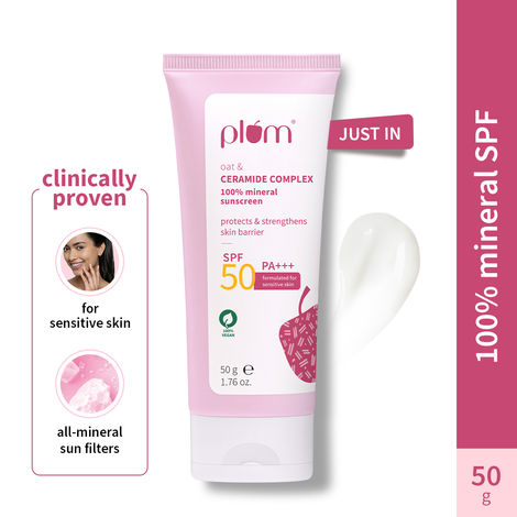 Buy Plum Oat & Ceramide Complex 100% Mineral Sunscreen | SPF 50 PA+++ | No White Cast | For Sensitive Skin | Strengthens Skin Barrier | Sun Protection From UVA/B Rays | Lightweight, Non-Oily | Men & Women | 50 gm-Purplle