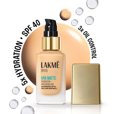 Buy Lakme 9to5 Hya Matte Foundation + Hyaluronic Acid, 5X Hydration, SPF 40, Upto 12 Hrs Matte Finish, Warm Creme 25 ml-Purplle