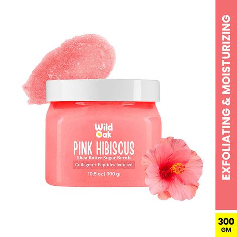 Buy Wild Oak Pink Hibiscus Shea Butter Sugar Scrub | 300 gm | With Ascorbic Acid, Collagen, Peptides & Ceramides | Tan Removal & Smooth Skin | Removes Dead Skin | Ultra Hydrating, Exfoliating & Moisturising Sugar Body Scrub-Purplle