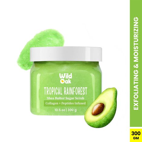 Buy Wild Oak Tropical Rainforest Shea Sugar Body Scrub | 300 gm | With Avocado, Collagen & Peptides | Tan Removal & Smooth Skin | Removes Dead Skin | Ultra Hydrating, Exfoliating & Moisturising Sugar Body Scrub-Purplle