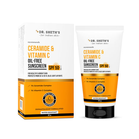 Buy Dr. Sheth's Ceramide & Vitamin C Oil-Free Sunscreen SPF 50+, PA++++, For Healthy & Bright Skin. Lightweight, Non Greasy UVA/UVB & Blue Light & IR Protection. No white cast. Acne Safe,Men & Women, 50 gm-Purplle
