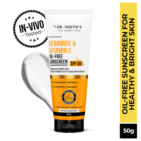 Buy Dr. Sheth's Ceramide & Vitamin C Oil-Free Sunscreen SPF 50+ PA++++ |In-Vivo Tested | For Healthy & Bright Skin | Lightweight & Non Greasy | For UVA/UVB & Blue Light & IR Protection | No white cast | For Oily Skin | For Men & Women | 50 gm-Purplle