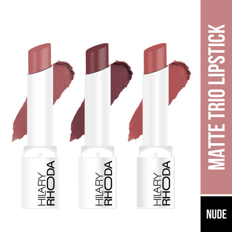 Buy Hilary Rhoda Matte Trio Lipstick | Matte Finish & Long Lasting Lipstick | Pack of 3 Lipsticks | Highly Pigmented & Glides Smoothly | Vegan & Cruelty-Free -3g x 3U (Nude-Mood Trio - Shade 2)-Purplle