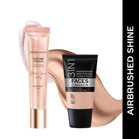 Buy FACES CANADA Airbrushed Shine Combo - All Day Hydra Matte Foundation - Rose Ivory 011 (18 ml) + Strobe Cream - Rose Gold (18 ml) | Illuminating & Glowing Makeup Base | 10HR Long Wear-Purplle