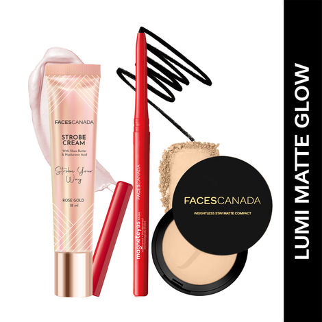 Buy FACES CANADA Lumi Matte Glow Combo - Strobe Cream - Rose Gold (18 ml) + Kajal - Black (0.35 gm) + Weightless Compact Powder - Natural 02 (9 gm) | Flawless Glowy Finish | Hides Imperfections-Purplle