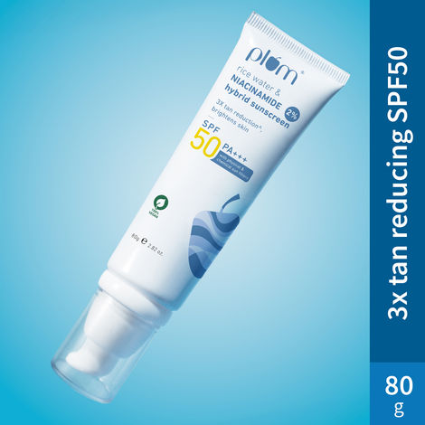 Buy Plum 2% Niacinamide Sunscreen SPF 50 PA+++ With Rice Water | 4 Hrs Water Resistance | 3x Tan Reduction & Brightens | No White Cast, Lightweight, Non-Sticky | Dermatologically Tested | All Skin Types | Women & Men | 100% Vegan |80 gm - 80 gm-Purplle