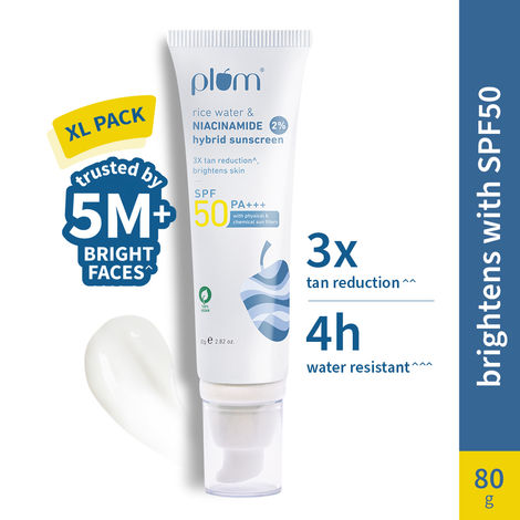 Buy Plum 2% Niacinamide Sunscreen SPF 50 PA+++ With Rice Water | 4 Hrs Water Resistance | 3x Tan Reduction & Brightens | No White Cast, Lightweight, Non-Sticky | Dermatologically Tested | All Skin Types | Women & Men | 100% Vegan |80 gm - 80 gm-Purplle