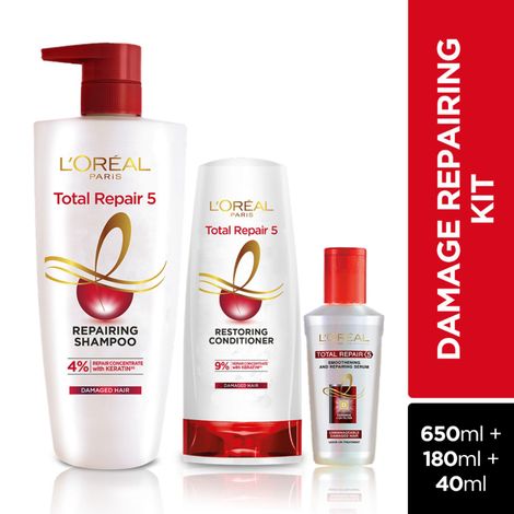 Buy L'Oreal Paris Total Repair 5 Combo (Total Repair Shampoo, 650 ml + Total Repair Conditioner, 180 ml + Total Repair Serum, 40 ml)-Purplle