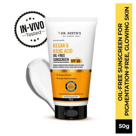 Buy Dr. Sheth's Kesar & Kojic Acid Oil-Free Sunscreen SPF 50+ Pa++++ |In-Vivo Tested | For Pigmentation-Free Skin | Lightweight & Non Greasy | For UVA/UVB & Blue Light & IR Protection | No White Cast | For Oily Skin | For Men & Women | 50 gm-Purplle