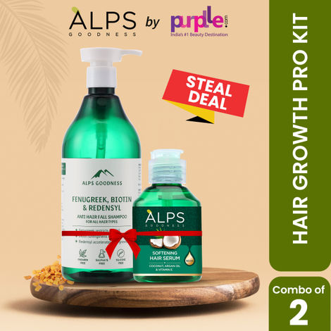 Buy Alps Goodness Soft Shiny Haircare Duo with Antihairfall Shampoo with Fenugreek, Biotin & Redensyl & Softening Hair Serum with Coconut, Argan Oil & Vitamin E (Pack of 2) | Soft Shiny Hair | No Frizz | Mild Cleansing | No Sulphates or Parabens-Purplle