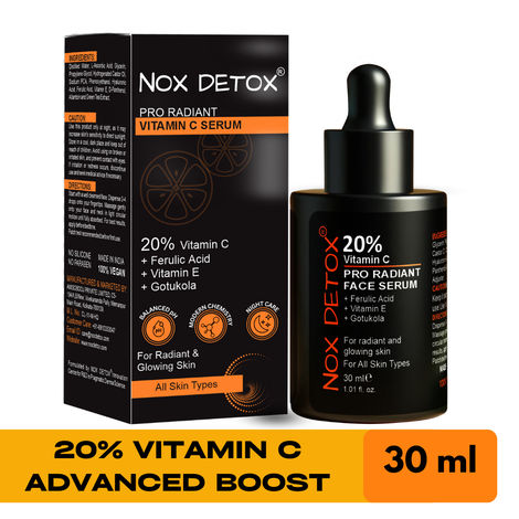 Buy NOX DETOX 20% Pure Vitamin C Face Serum with Ferulic Acid, Vitamin E, Allantoin & Gotukola Extract | Advance Formula for Glowing Skin & Collagen Production | Targets Pigmentation & Dark Spot 30 ml-Purplle