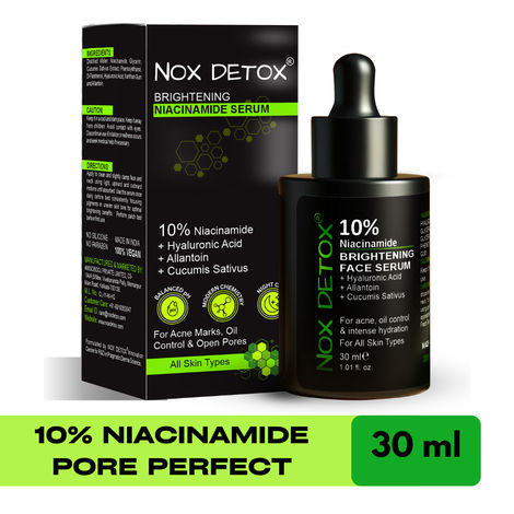 Buy NOX DETOX Brightening Face Serum with 10% Niacinamide, 1% Hyaluronic Acid, Allantoin for Men and Women for Bright, Clear and Glowing Skin - Fades Acne Marks, Blemishes, Dark spots, Minimizes Pore 30 ml-Purplle