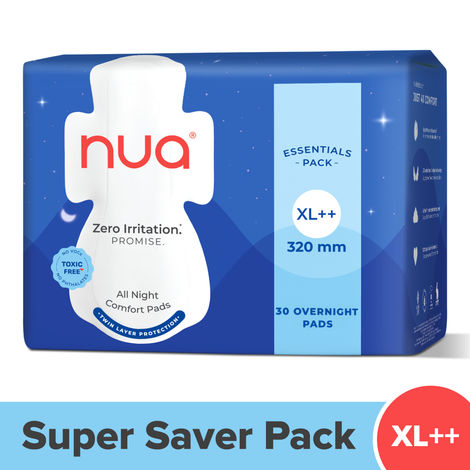 Buy Nua All Night Comfort Sanitary Pads | Pack of 30 (XL++ 320mm) | Twin Layer Protection | 50% Wider Back and Anti Stain Wings | Upto 10 hours of Absorption | Super Soft and Breathable | No Rashes | 100% Toxic-Free-Purplle