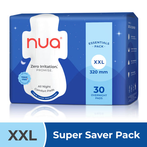Buy Nua All Night Comfort Sanitary Pads | Pack of 30 (XL++ 320 mm) | Twin Layer Protection | 50% Wider Back and Anti Stain Wings | Upto 10 hours of Absorption | Super Soft and Breathable | No Rashes | 100% Toxic-Free-Purplle