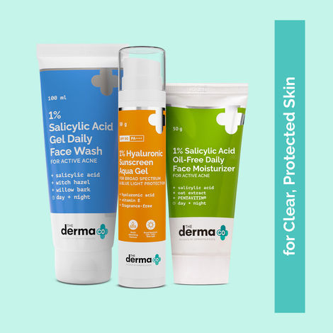 Buy The Derma Co. Blemish Banisher Bundle: Salicylic Facewash 100 ml & Moisturizer 50 gm + Hyaluronic Sunscreen for Clear Protected Skin 50 gm (Combo of 3)-Purplle