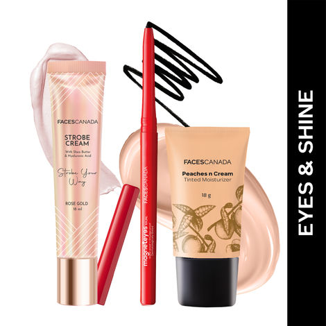 Buy FACES CANADA Eyes & Shine Combo - Strobe Cream - Rose Gold (18 ml) + Magneteyes Kajal - Black (0.35 gm) + Tinted Moisturizer - Light 01 (18 gm) | Illuminating & Glowing Makeup Base | Lightly Tinted BB Cream | Waterproof & Smudgeproof-Purplle