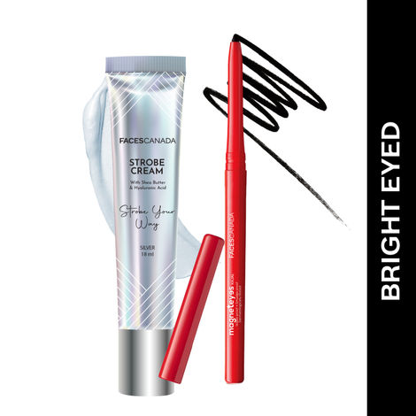 Buy FACES CANADA Bright Eyed Combo - Strobe Cream - Silver (18 ml) + Magneteyes Kajal - Black (0.35 gm) | Illuminating & Glowing Makeup Base | Waterproof & Smudgeproof-Purplle