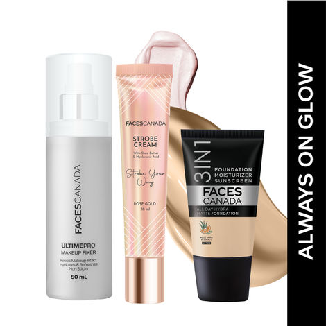 Buy FACES CANADA Always On Glow Combo - All Day Hydra Matte Foundation - Absolute Ivory 012 (18 ml) + Strobe Cream - Rose Gold (18 ml) + Ultime Pro Makeup Fixer (50 ml) | Illuminating & Glowing Makeup Base | Long Lasting Makeup Setting Spray-Purplle