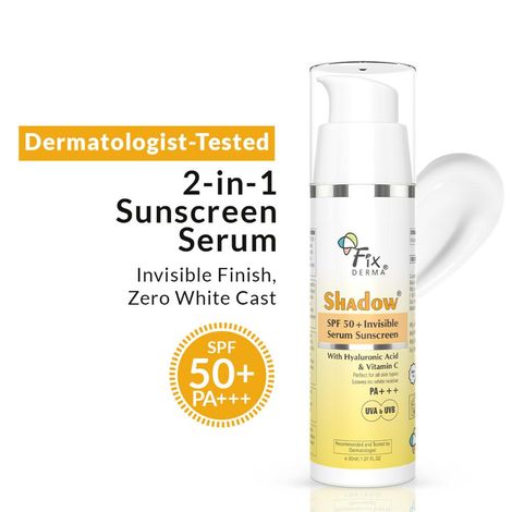 Buy Fixderma Shadow Invisible Serum Sunscreen SPF 50+ PA+++ | Ultra Lightweight Transparent Sunscreen with Vitamin C & Hyaluronic Acid | No White Cast | For All Skin Types | For Men & Women | Airless Pump 30 ml-Purplle
