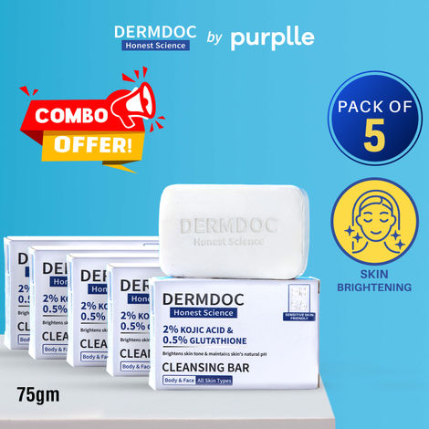 Buy DERMDOC by Purplle 2% Kojic Acid and 0.5% Glutathione Cleansing Bar (75 gm each) Pack of 5 | Brightening | Gentle Cleansing Action | Sensitive Skin Friendly-Purplle