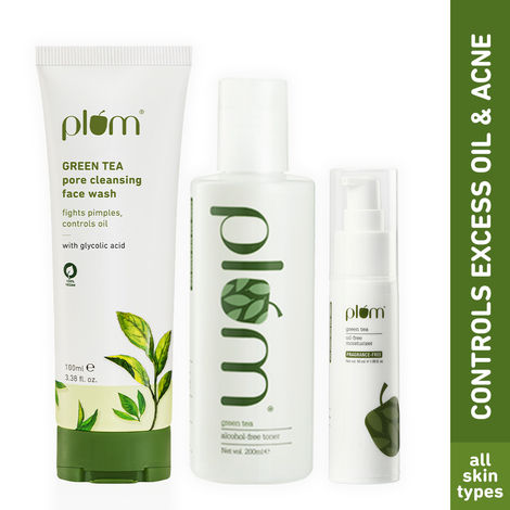 Buy Plum Green Tea Pore Cleansing Face Wash Gel With Glycolic Acid - Fights Pimples & Acne Controls Oil 100 ml + Alcohol-Free Toner (200 ml) + Oil-Free Moisturiser (50 ml)-Purplle