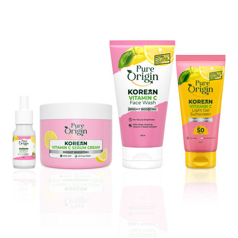 Buy Pure Origin Korean Vitamin C Face Essentials Combo | No White Cast Sunscreen (50 gm), Brightening Serum (10 ml), Spots-reducing Serum Cream (50 gm) & Face Wash With Microbeads (150 ml) | Visibly Bright Skin | All Skin Types - Combo of 4-Purplle