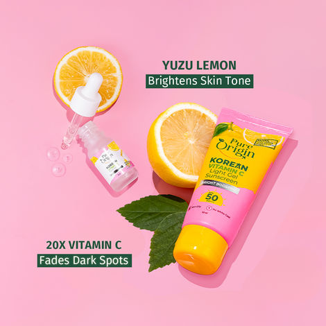 Buy Pure Origin Korean Vitamin C Glow & Protect Kit | 20x Korean Vitamin C Brightening Face Serum (10 ml) & Light Gel Sunscreen with SPF 50 & PA+++ (50 gm) | Reduces Dark Spots, Dullness & Uneven Skin Tone | No White Cast | All Skin Types - Combo of 2-Purplle