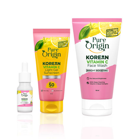 Buy Pure Origin Korean Vitamin C Glow Up Trio | Brightening Serum (10 ml), SPF 50 PA+++ Sunscreen (50 gm) & Face Wash with Microbeads (150 ml) | Reduces Dark Spots, Dullness & Uneven Skin Tone | Visibly Bright Skin | All Skin Types - Combo of 3-Purplle