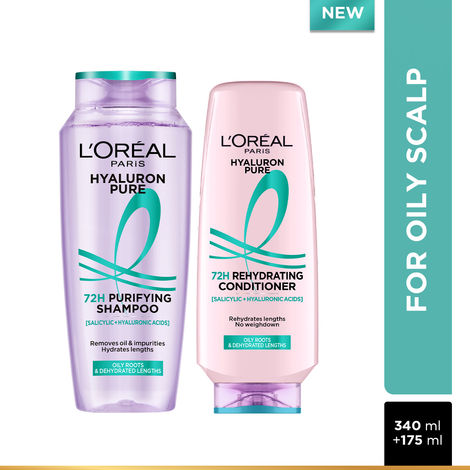 Buy L’Oreal Paris Hyaluron Pure 72H purifying shampoo for fresh scalp & hydrated hair, (340 ml) + Conditioner for smooth tangle-free hair, (175 ml)-Purplle
