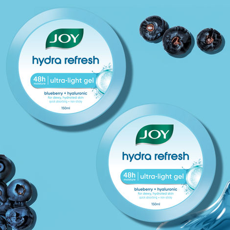 Buy Joy Hydra Refresh Ultra-Light Gel | 48 Hours Hydration | Oil Free Moisturiser | with Hyaluronic Acid | Super Light Gel for Oily, Dry & Combination Skin | For Face & Body, (Pack of 2), 150ml x 2-Purplle