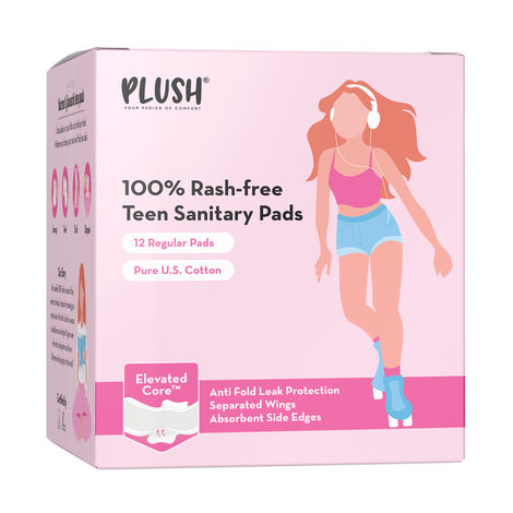 Buy Plush Ultra-Thin Teen Sanitary Pads for Teenage Girls, 12 Pads | Elevated Core™ Technology | Anti-Fold Leak Protection | 240mm Long | 100% Rash-Free | Pure U.S. Cotton Pads | Ideal for All Flow Types-Purplle