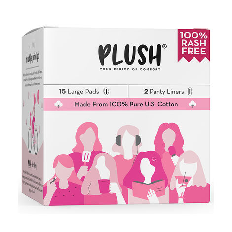 Buy Plush Ultra-Thin Large Sanitary Pads for Women, 15 Pcs | For Light-Medium Flow | 2 Panty Liners | 100% Rash-Free | Pure U.S. Cotton Pads | Affordable Sanitary Pads-Purplle