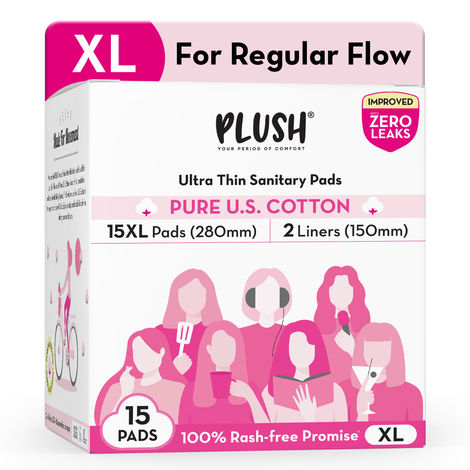 Buy PLUSH Ultra-Thin Extra Large Sanitary Pads for Women, 15 Pcs | For Light-Medium Flow | 2 Panty Liners | 100% Rash-Free | Pure U.S. Cotton Sanitary Napkins-Purplle